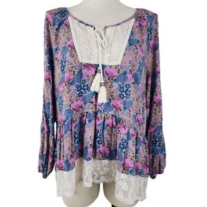 Matilda Jane Peasant Floral Boho Flowy Top Lace Hem Tassels Woman's Size…